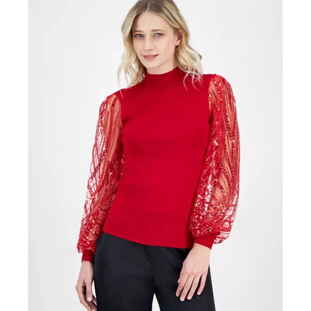 T Tahari Women's Sequin-Sleeve Mock-Neck Sweater Holidays Party Top red XL - Picture 2 of 10